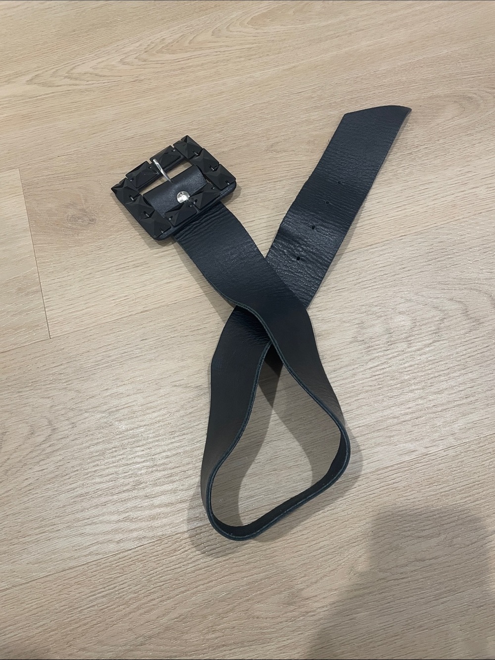 Black Leather Wide Belt with Studded Square Buckle